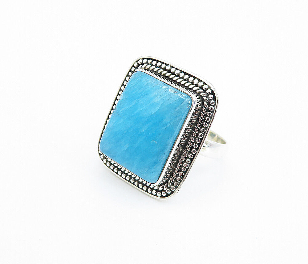 925 Sterling Silver  Blue Turquoise Shiny Square Cocktail Ring Sz 9  RG7748