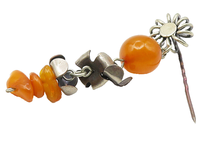 925 Sterling Silver  Vintage Amber Floral Beaded Dangling Sweater Pin  TR1829