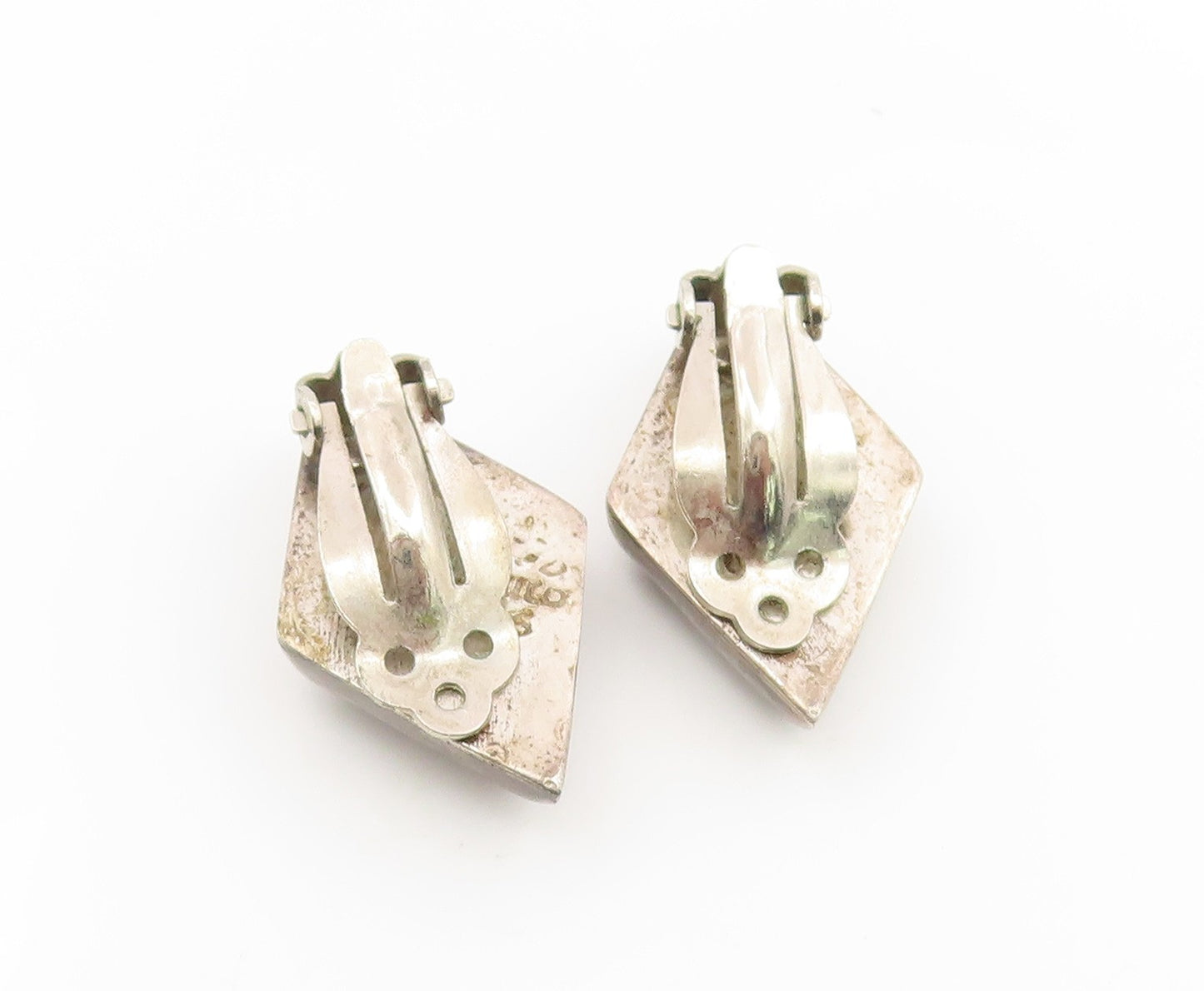 925 Sterling Silver Vintage Earrings MEXICO Turquoise Geometric Clip On  EG14202