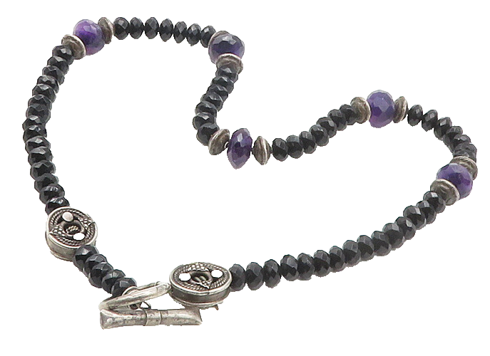 925 Sterling Silver  Vintage Hematite & Amethyst Beaded Chain Necklace  NE2852
