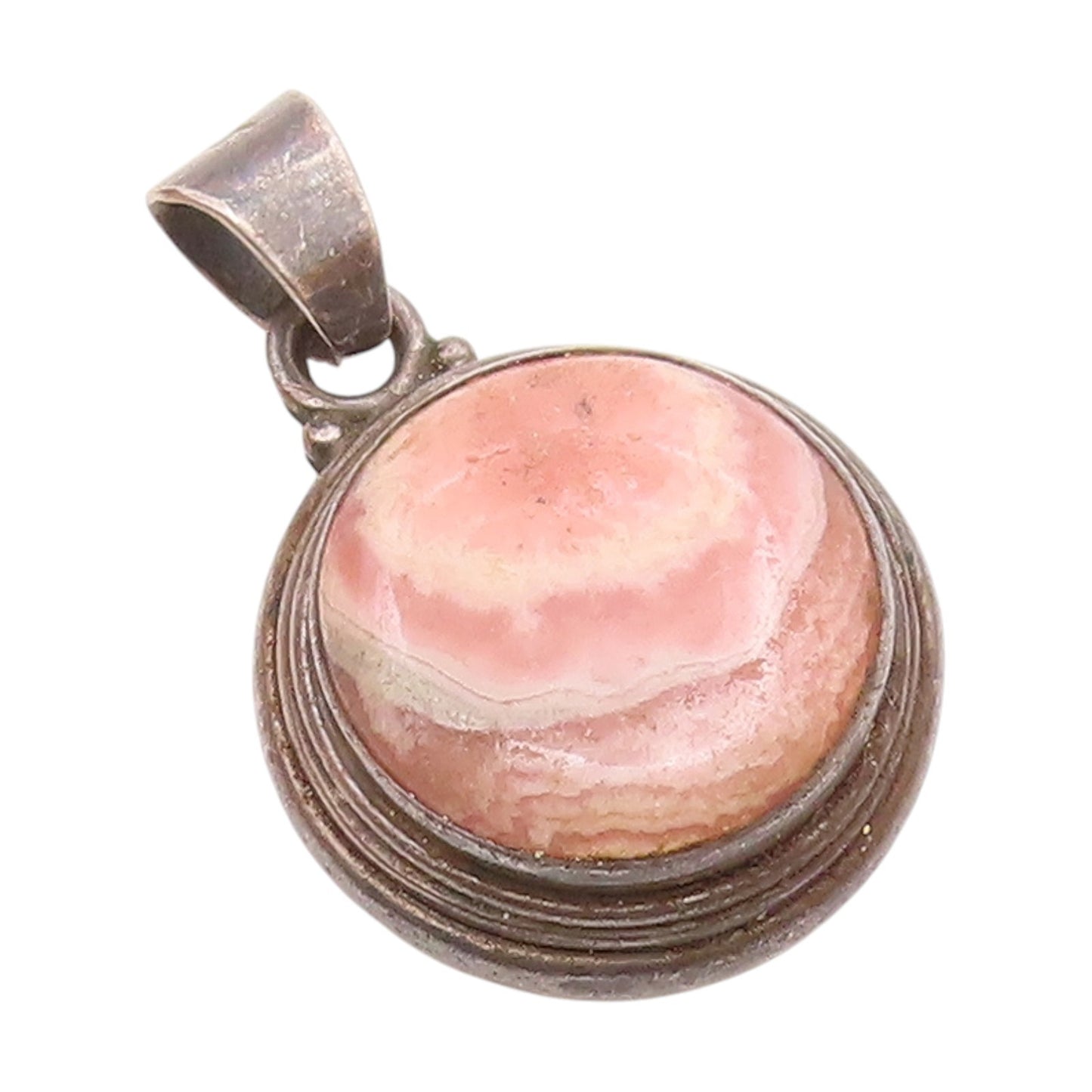 925 Sterling Silver Vintage Cabochon Cut Rhodochrosite Round Pendant  PT17926