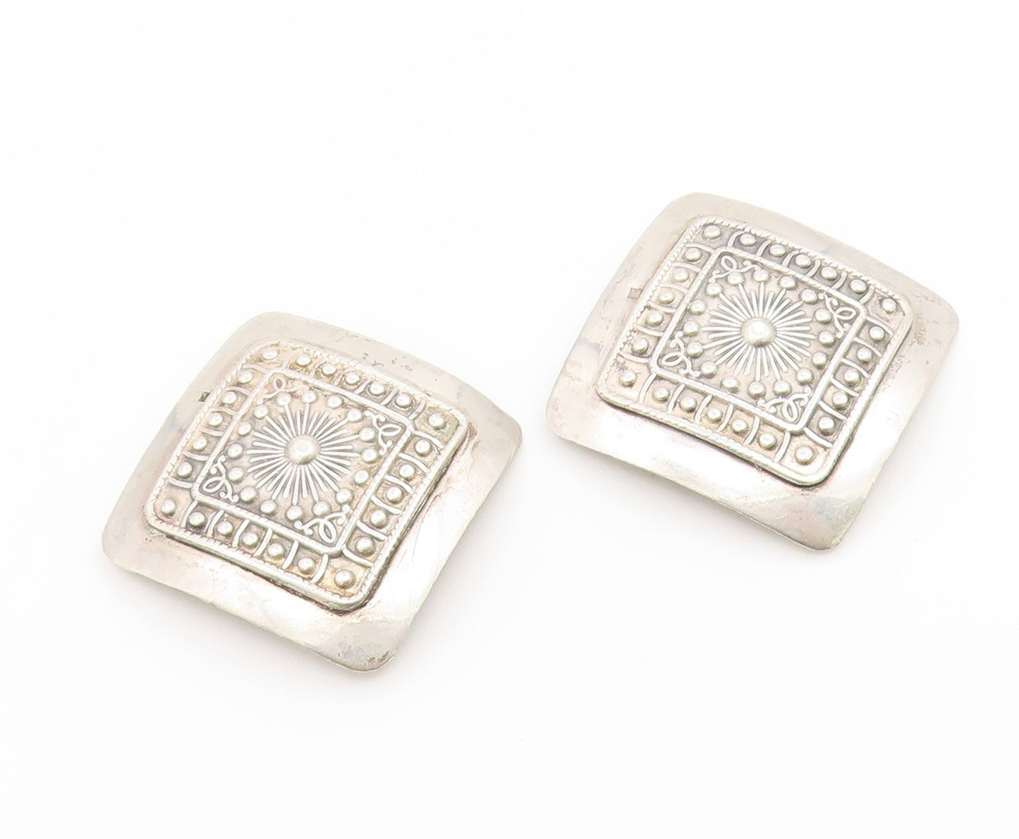 925 Sterling Silver Vintage Earrings MIDDLE EAST Geometric Square Flower EG14179