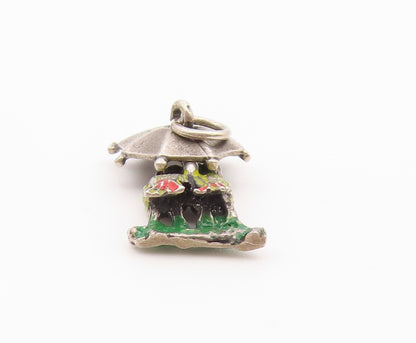 925 Sterling Silver  Vintage Enamel Love Birds Under Umbrella Pendant  PT20726