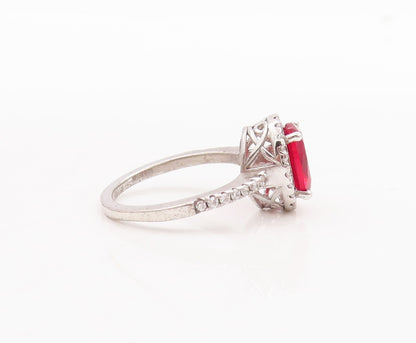 925 Sterling Silver Vintage Ring Oval Cut Red Halo White CZ  Sz 6  RG29759