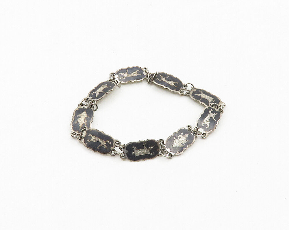 SIAM 925 Sterling Silver  Vintage Niello Enamel Dancer Chain Bracelet  BT7018