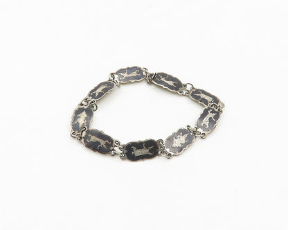 SIAM 925 Sterling Silver  Vintage Niello Enamel Dancer Chain Bracelet  BT7018