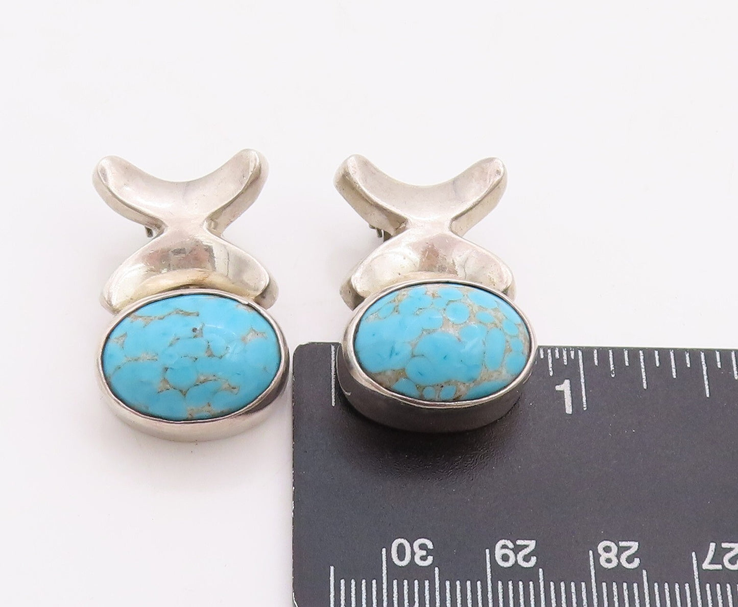 925 Sterling Silver Vintage Earrings Solid Cutout X & Oval Turquoise  EG13194