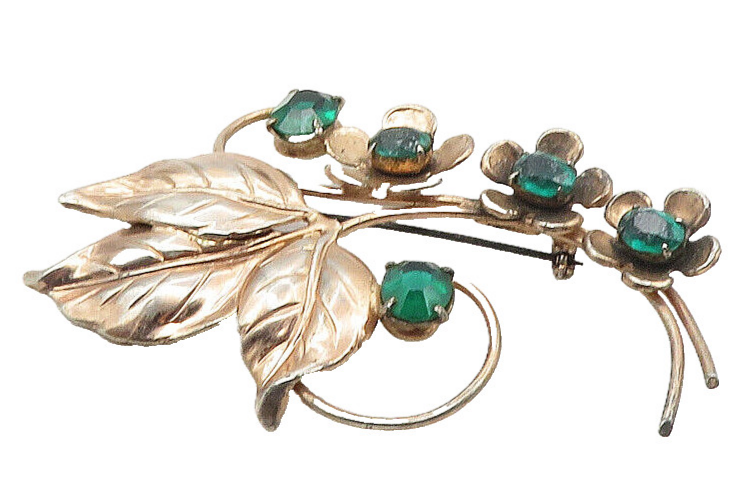 925 Sterling Silver  Vintage Green Topaz Copper Tone Floral Brooch Pin  BP3957
