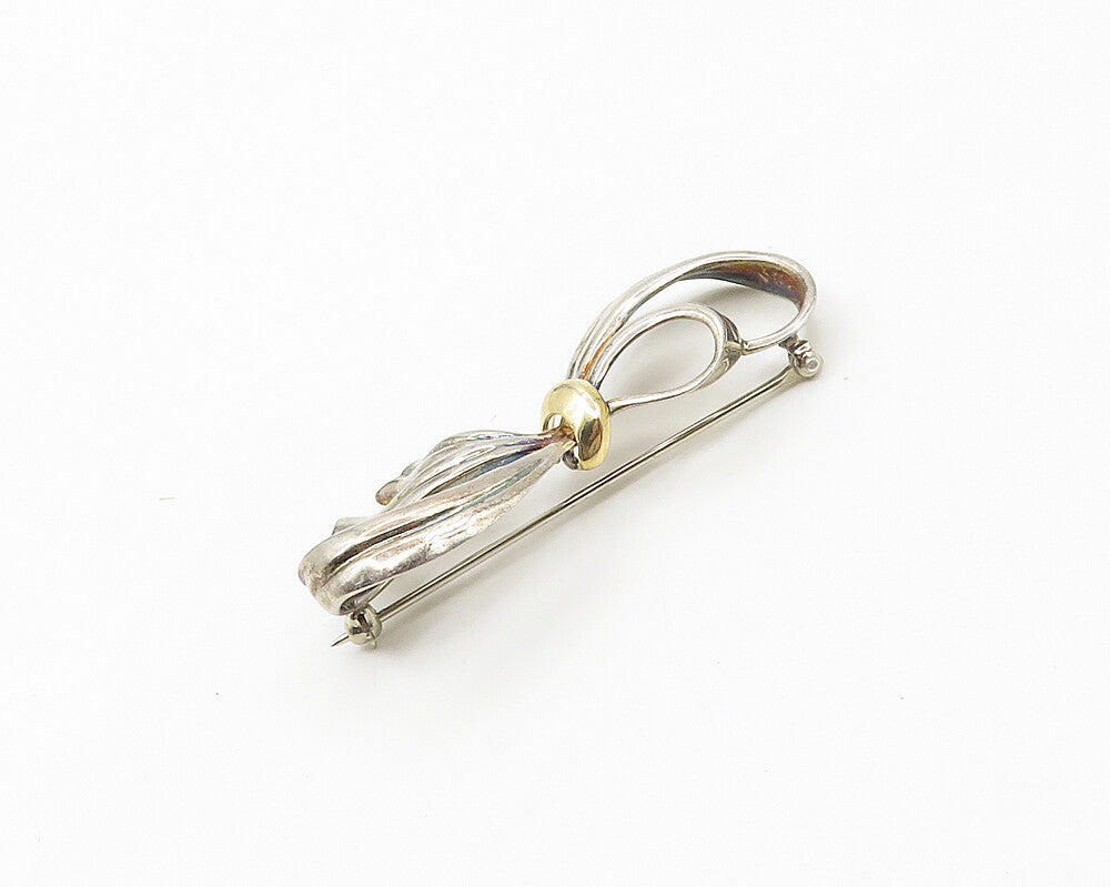 925 Sterling Silver  Vintage Shiny Two Tone Bow Tied Ribbon Brooch Pin  BP7004