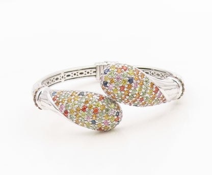 925 Sterling Silver Vintage Bracelet Multi Gemstone Solid Bypass Bangle  BT11607