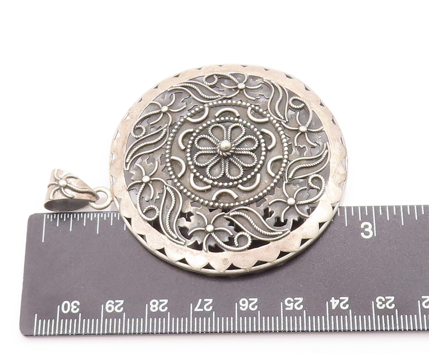 925 Sterling Silver Vintage Pendant Large Round Swirly Floral Carved  PT23034