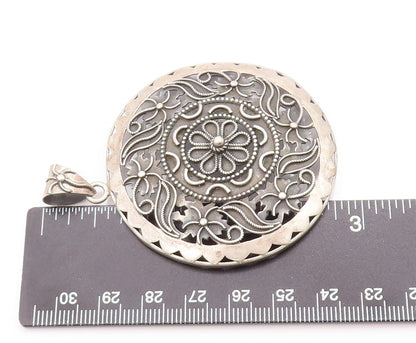 925 Sterling Silver Vintage Pendant Large Round Swirly Floral Carved  PT23034