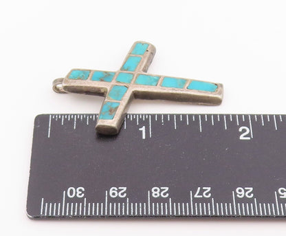 925 Sterling Silver Vintage Pendant Turquoise Inlay Religious Cross  PT26366