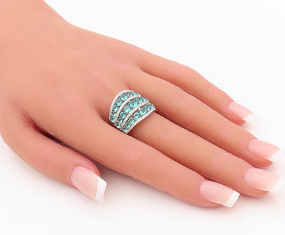 925 Sterling Silver Vintage Ring Designer Aqua & White CZ Bands  Sz 8.5  RG30150