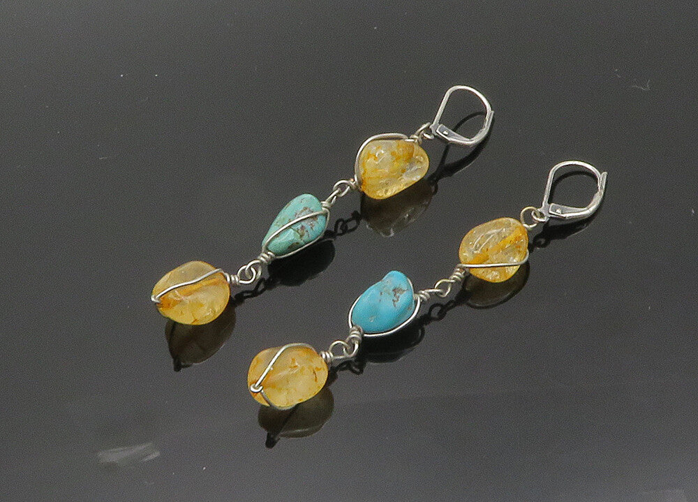 925 Sterling Silver  Vintage Turquoise & Quartz Dangle Earrings  EG10016