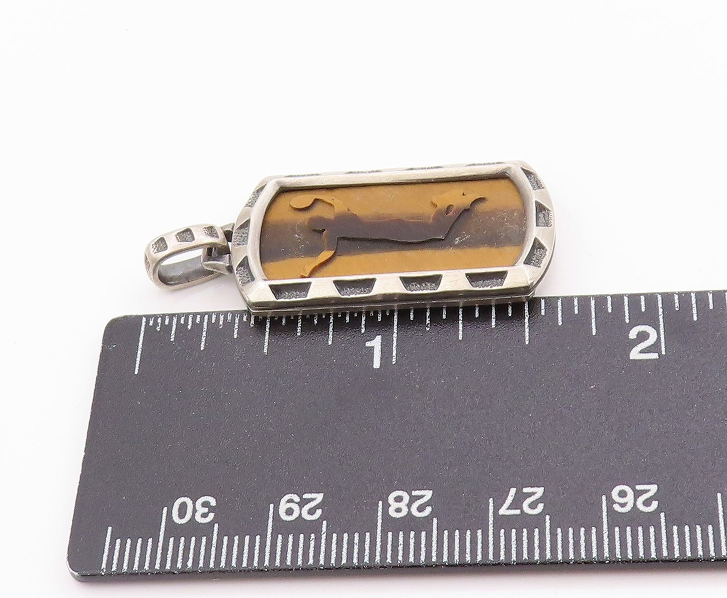 925 Sterling Silver Vintage Pendant Carved Tiger's Eye Volleyball Game  PT24939