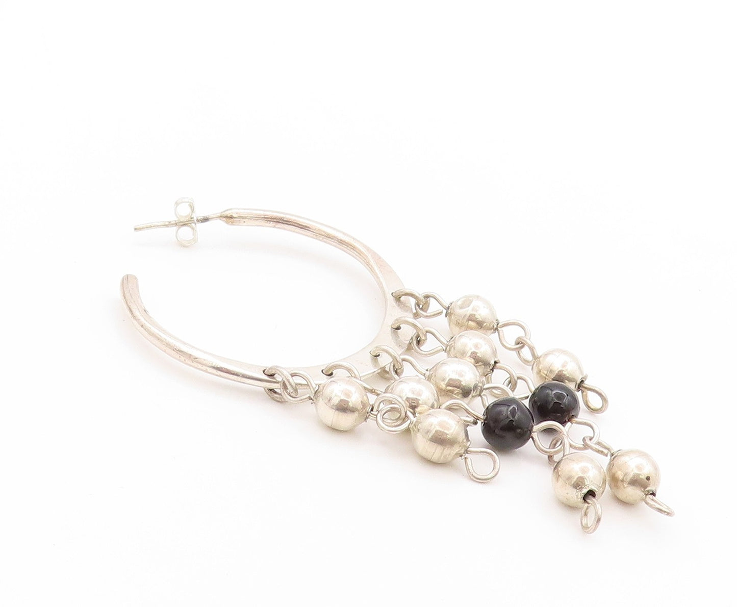 925 Sterling Silver Vintage Earrings MEXICO Dangling Beads & Onyx Hoops  EG13576