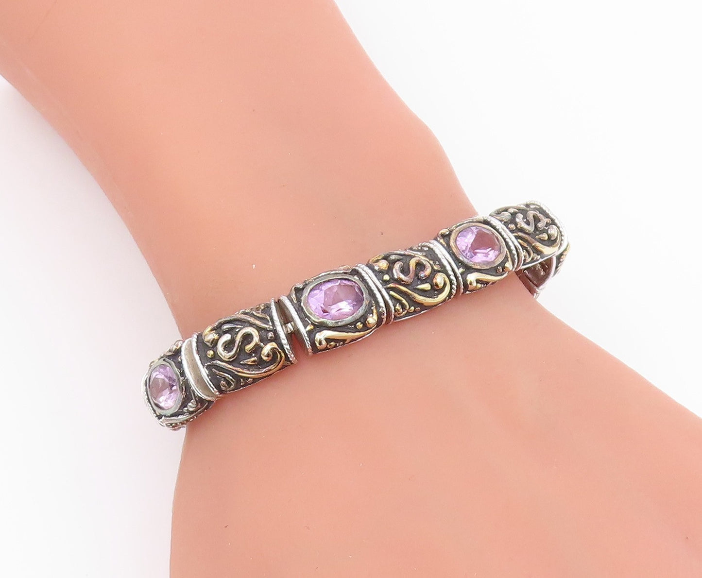 925 Sterling Silver  Vintage Amethyst Two Tone Swirl Chain Bracelet  BT8484