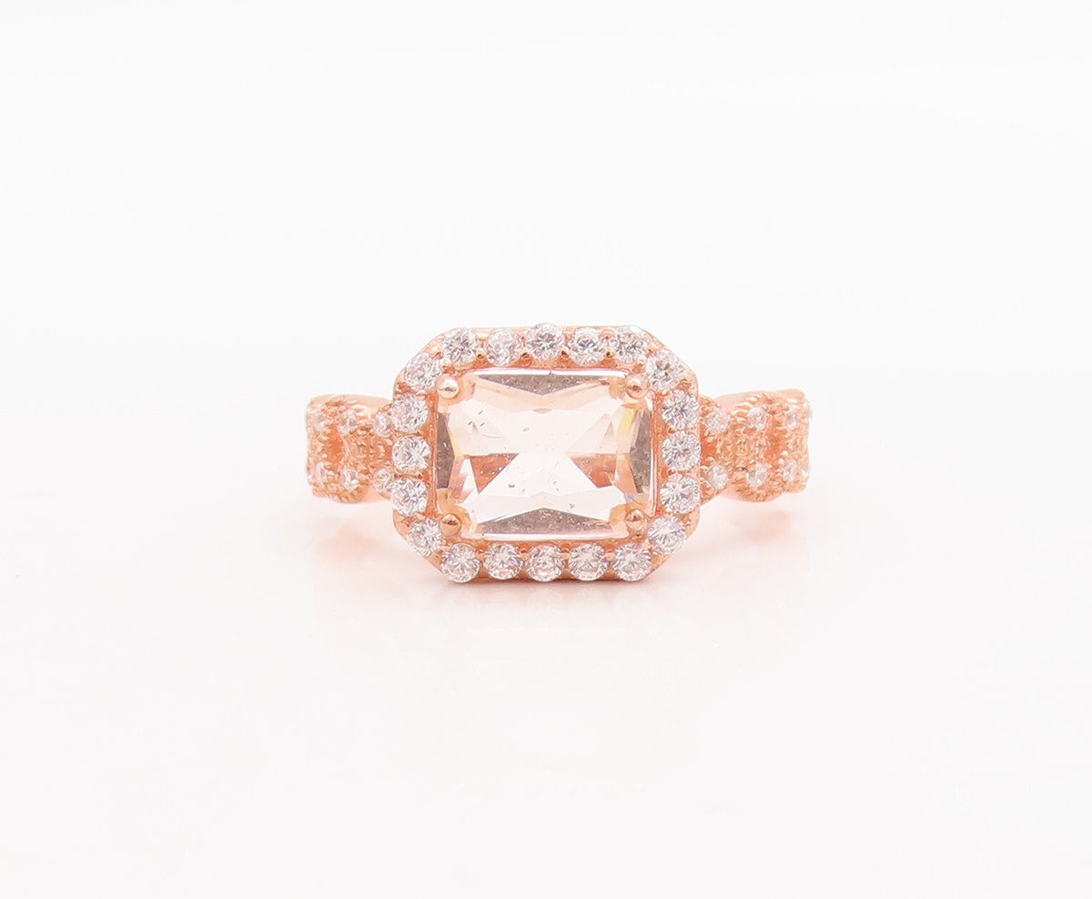 925 Sterling Silver Vintage Ring Rose Gold Plated Morganite & CZ  Sz 7  RG29423