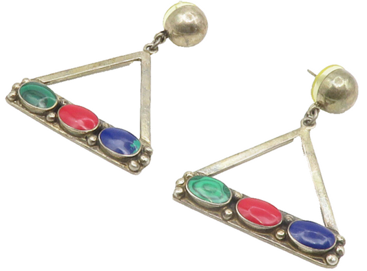 MEXICO 925 Silver  Vintage Malachite Coral & Azurite Dangle Earrings  EG7172