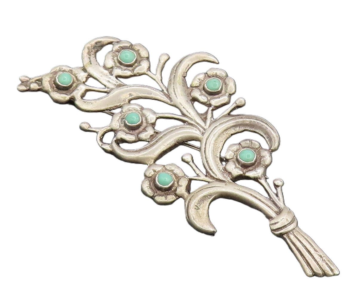 MEXICO 925 Silver  Vintage Antique Bouquet Cutout Turquoise Brooch Pin BP10310