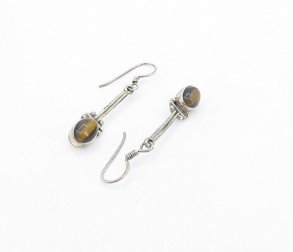 925 Sterling Silver  Vintage Cabochon Cut Tiger's Eye Drop Earrings  EG3642