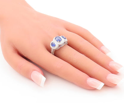 925 Sterling Silver Vintage Ring Oval Cut Sapphire Halo CZ Bands  Sz 8  RG29757