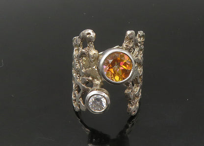 925 Silver  Vintage Cubic Zirconia & Citrine Sculpted Band Ring Sz 8.5 RG22387