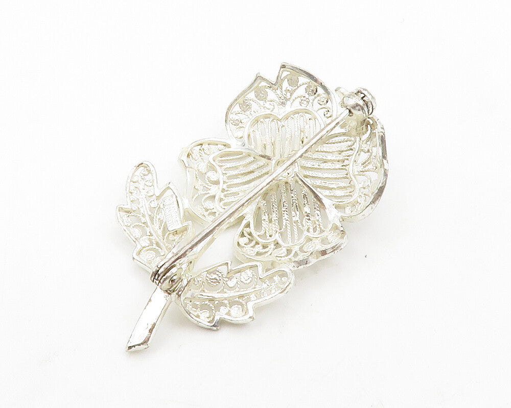 GERMANY 925 Silver  Vintage Shiny Filigree Detailed Flower Brooch Pin  BP5167