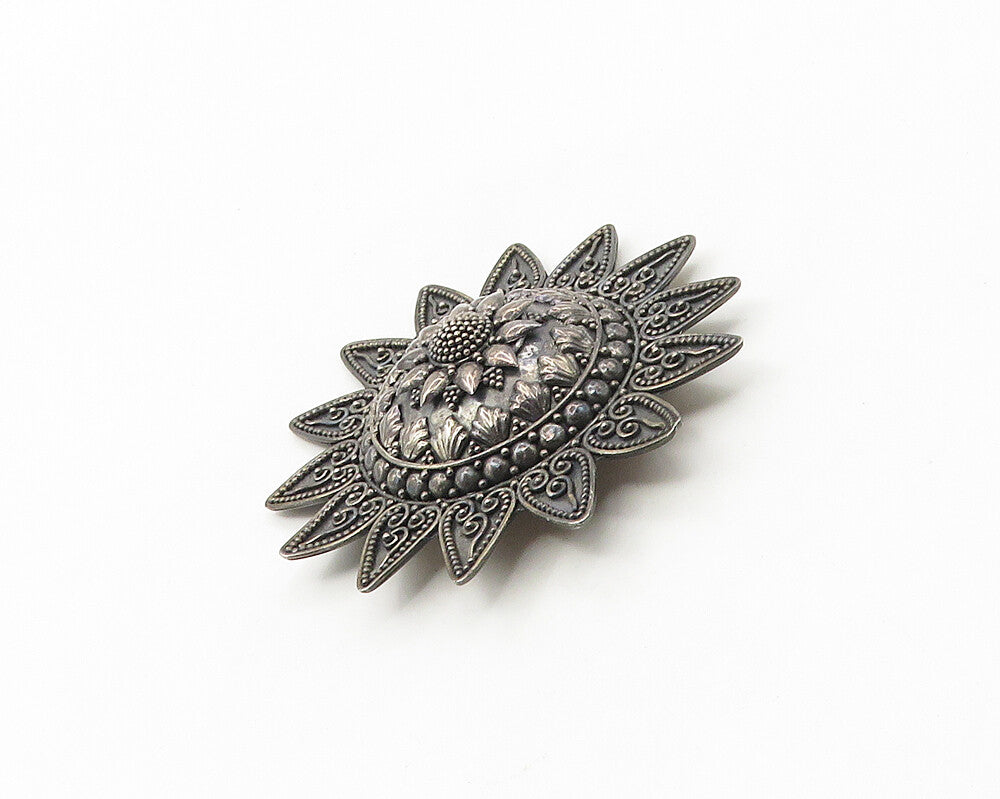 SUARTI BALI 925 Silver  Vintage Ornate Detail Flower Motif Brooch Pin  BP7229