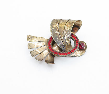 925 Sterling Silver  Vintage Red Topaz Dark Tone Swirl Brooch Pin  BP1139