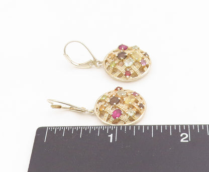 925 Sterling Silver Vintage Earrings Multi Gemstone Waffle Pattern Drop  EG13918