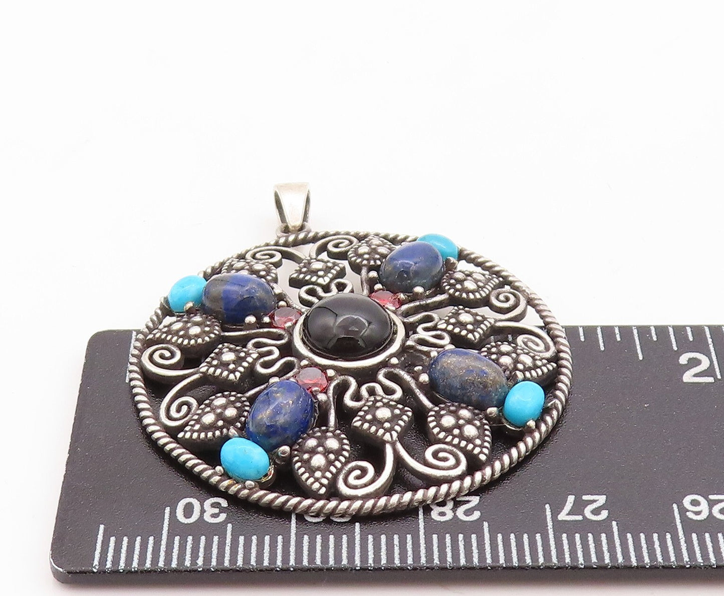 925 Sterling Silver Vintage Pendant Dark Tone Cutout Gemstone Inlay PT23648