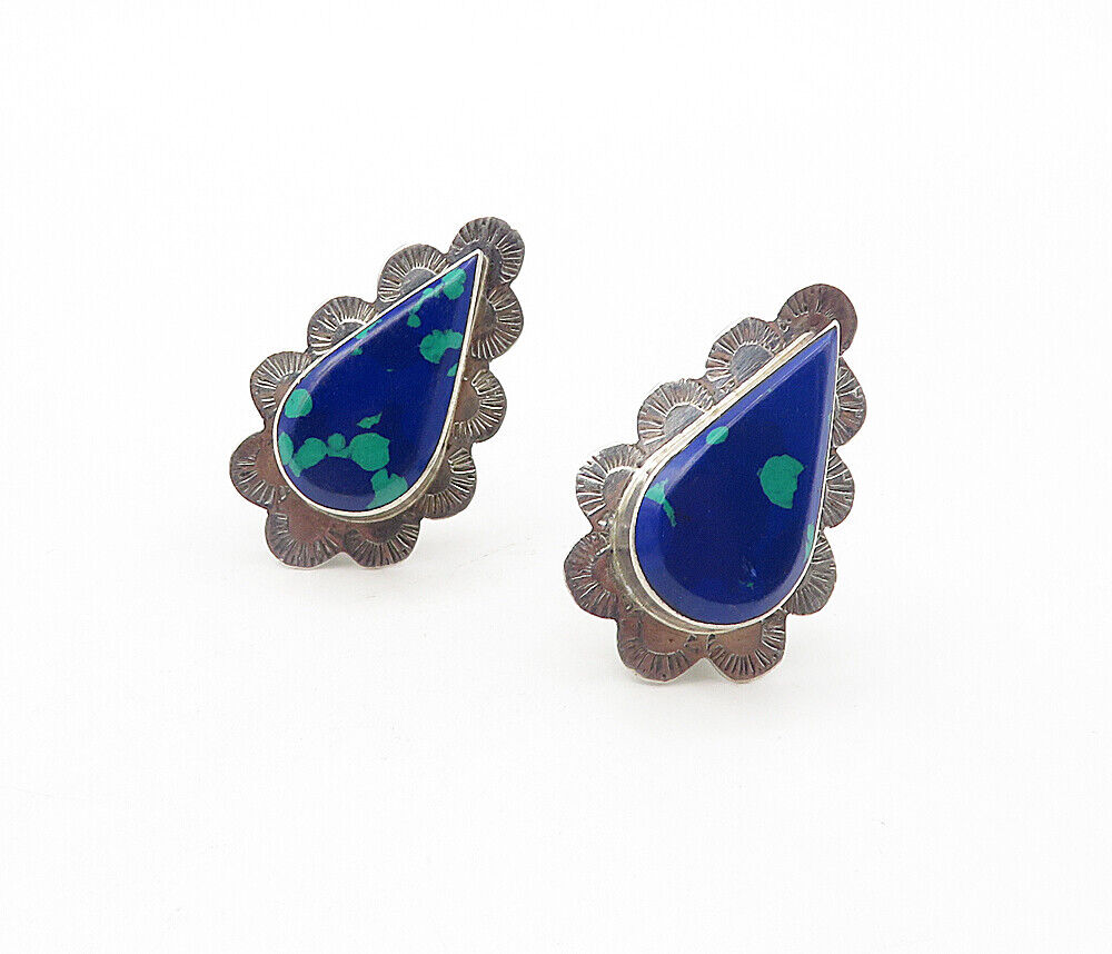 MEXICO 925 Silver  Vintage Azurite Etched Border Non Pierce Earrings  EG3963