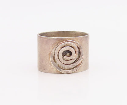 925 Sterling Silver Vintage Ring Hammered Spiral Motif Wide Band Sz 7.5 RG35319