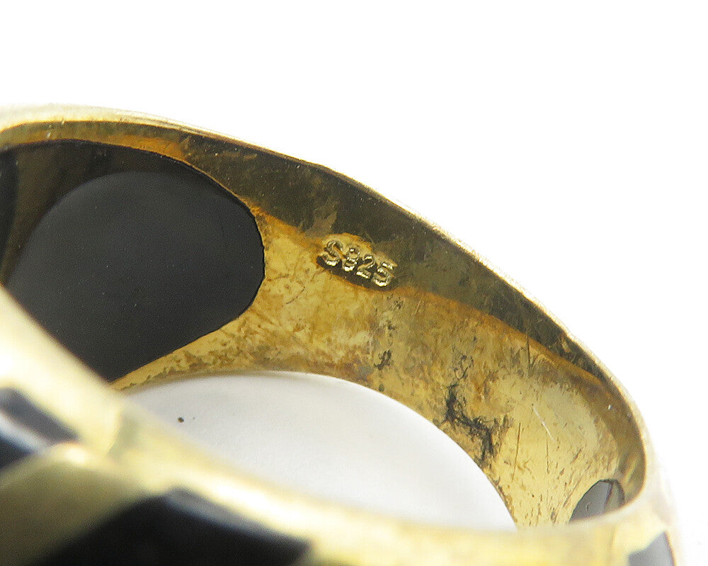 925 Sterling Silver  Black Onyx Striped Gold Plated Band Ring Sz 6.5  RG18117