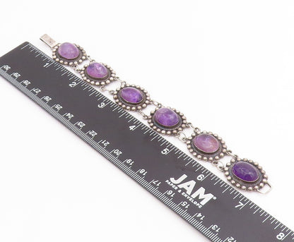 925 Sterling Silver Vintage Bracelet Cabochon Amethyst Beaded Link  BT11845