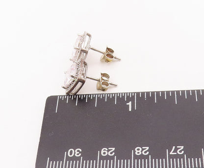 925 Sterling Silver Vintage Earrings Square Cut Halo CZ Band Studs  EG12902