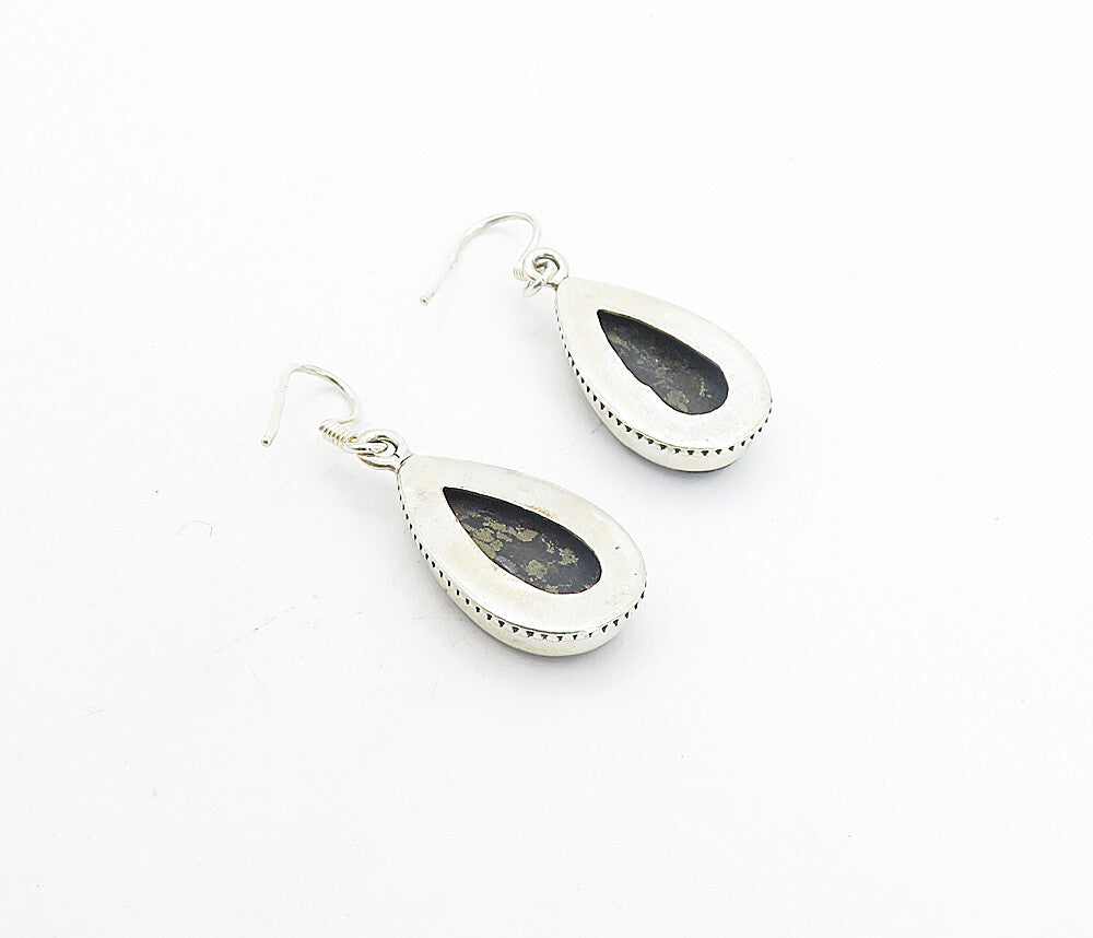 925 Sterling Silver  Vintage Black Onyx With Pyrite Tear Drop Earrings  EG3460