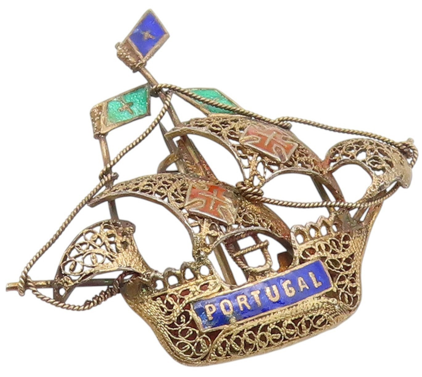 925 Sterling Silver Vintage Brooch Pin Enameled Portugal Sailing Boat  BP12372
