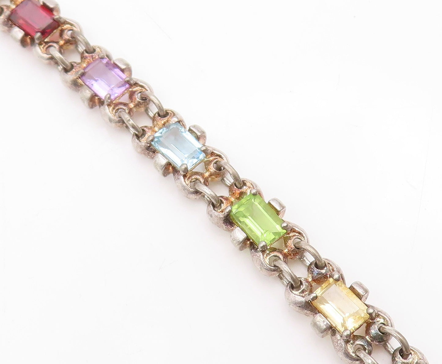 925 Sterling Silver Vintage Bracelet Elegant Multi Gemstone Link Chain  BT11691