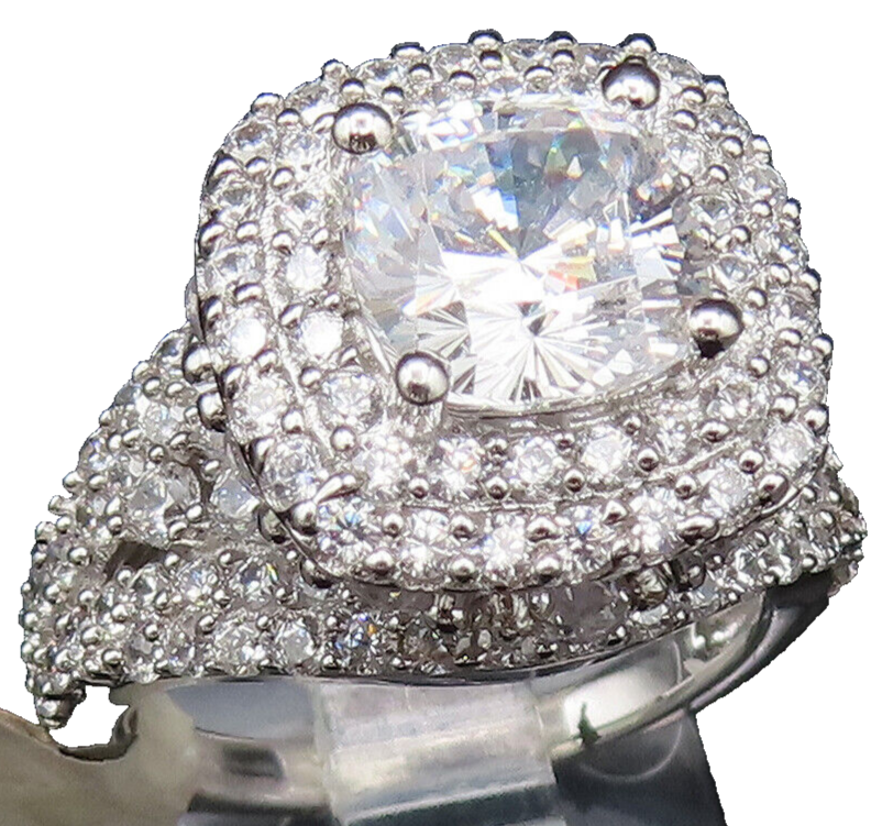 925 Sterling Silver  Vintage Multi Stone Cubic Zirconia Halo Ring Sz 7 RG25391