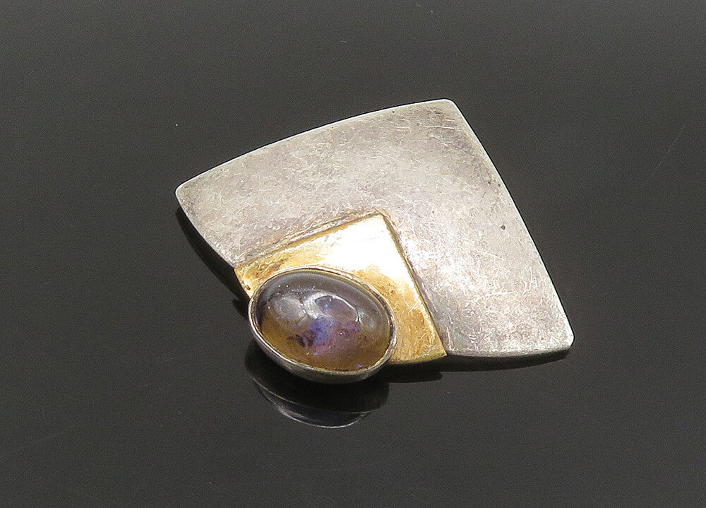 925 Silver & 14K GOLD  Vintage Cabochon Cut Stone Two Tone Pendant  PT18640