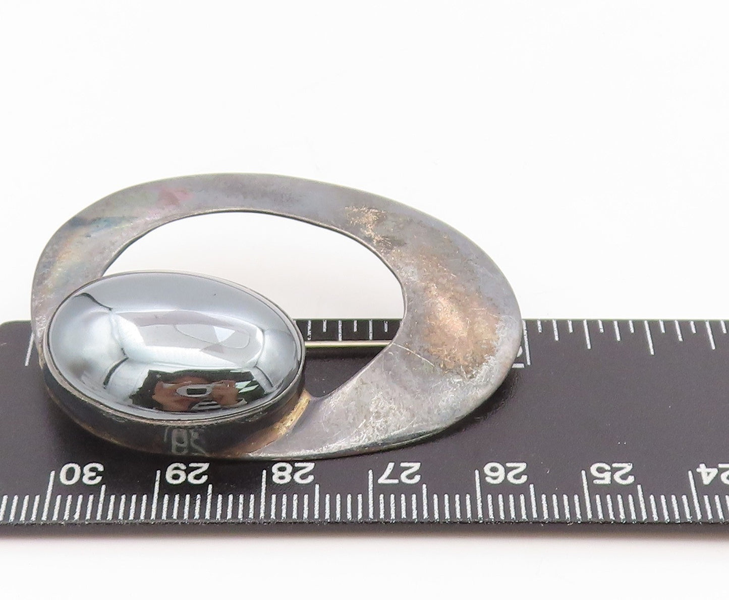925 Sterling Silver Vintage Brooch Oval Hematite Modernist Geometric Pin BP12145
