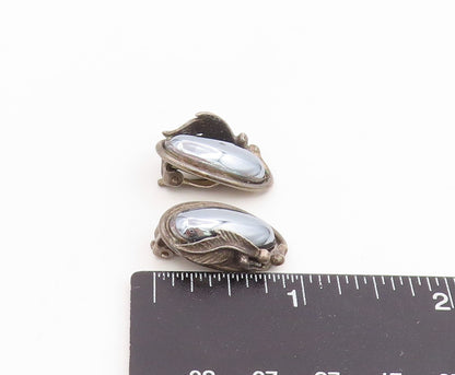 925 Sterling Silver Vintage Earrings Hematite Carved Leaf Motif Clip On  EG14102