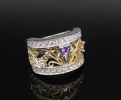 925 Silver  Vintage Dainty Two Tone Amethyst Spinel & Topaz Ring Sz 7  RG25843