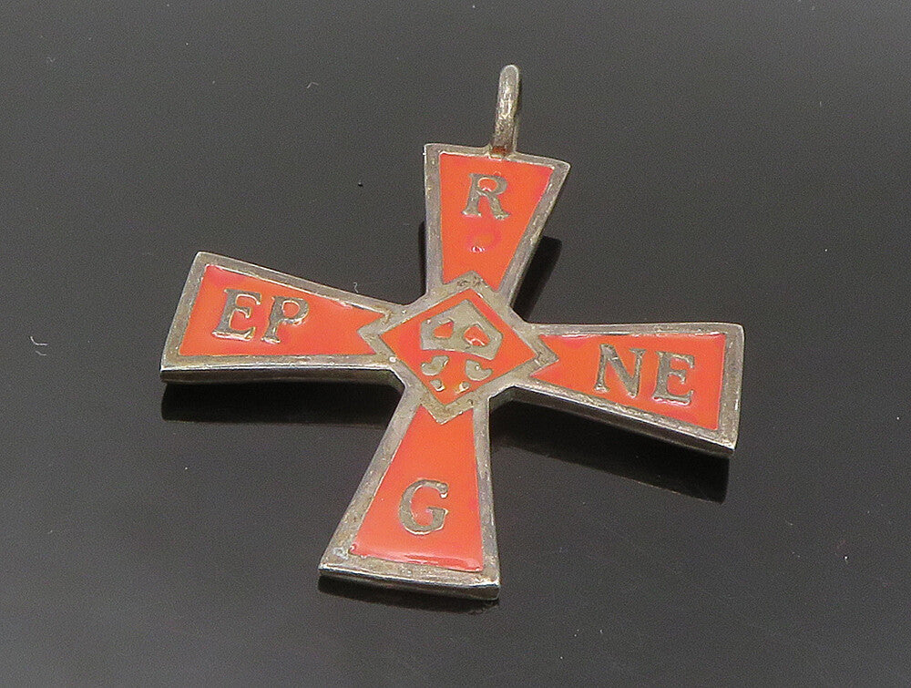 925 Sterling Silver  Vintage Orange Enamel Religious Cross Pendant  PT20031