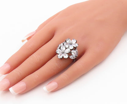 925 Sterling Silver Vintage Ring Dark Tone Drop Cut CZ Flowers  Sz 6.5  RG31767