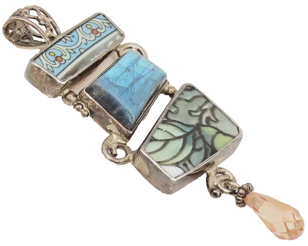 JACMEL 925 Silver  Vintage Designer Enamel Crystal Stone Drop Pendant PT22305