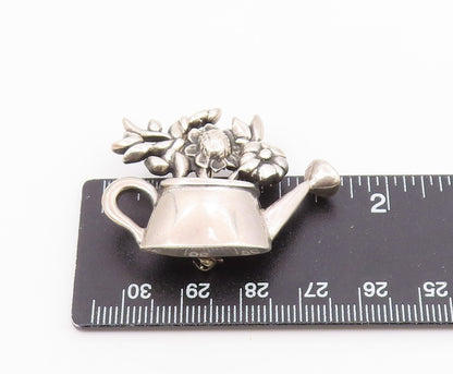 925 Sterling Silver  Vintage Shiny Watering Can With Flowers Brooch Pin BP3519